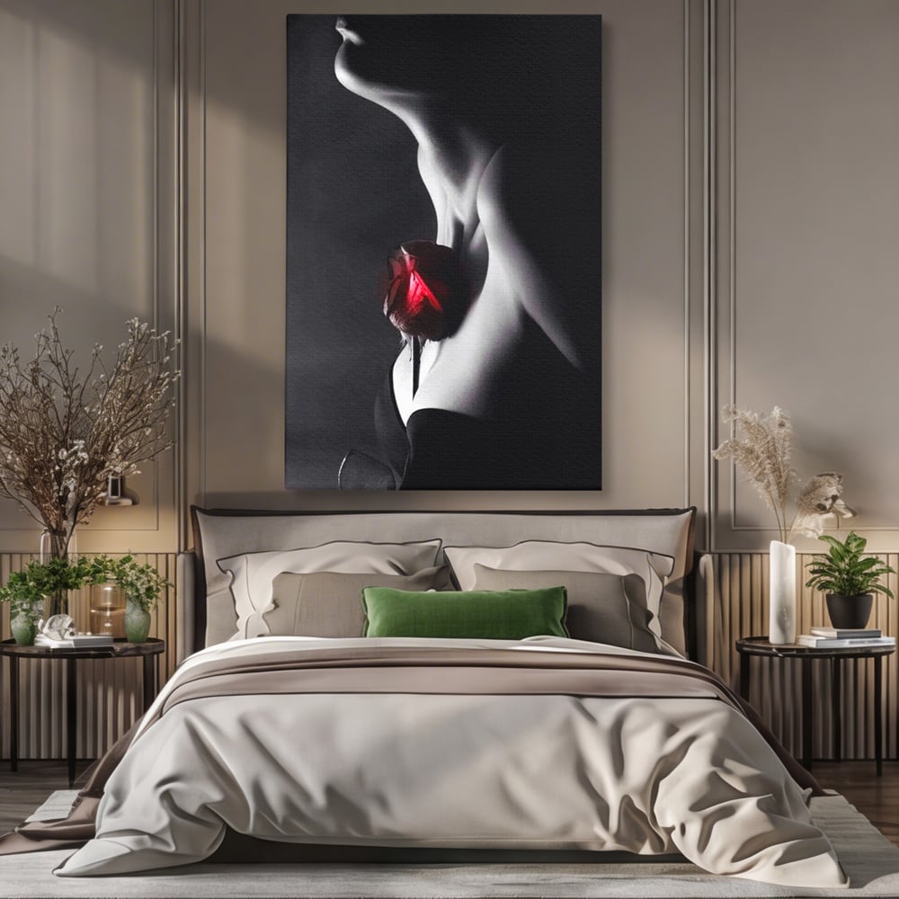 Tablou canvas cu tablou canvas cu profil de femeie si trandafir rosu, fara rama, pe sasiu de lemn, pe perete intr-un dormitor